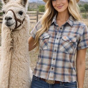 Carhartt Blue and Brown Plaid Women's Top